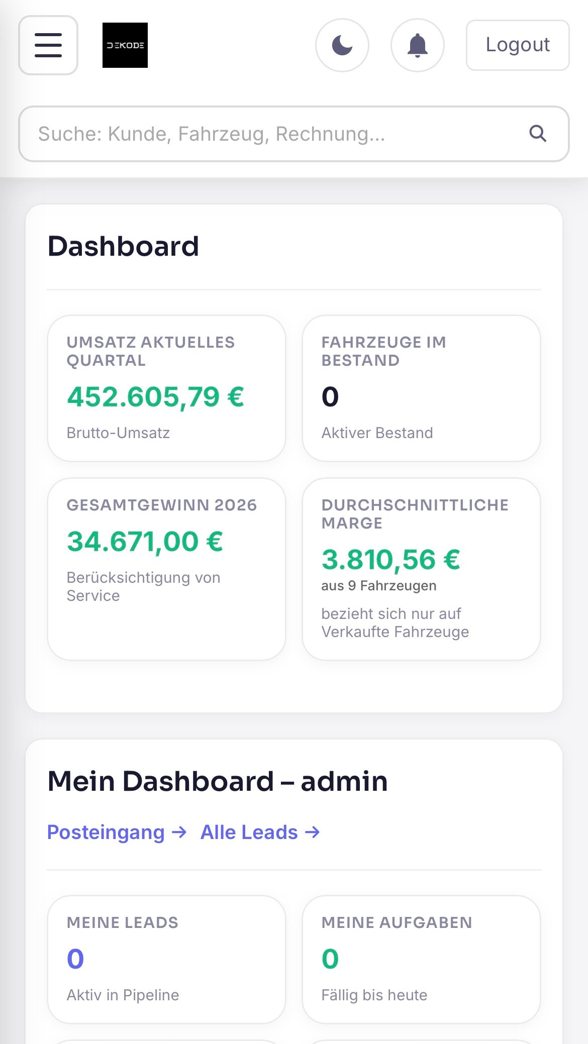 DEKODE ERP mobile Ansicht