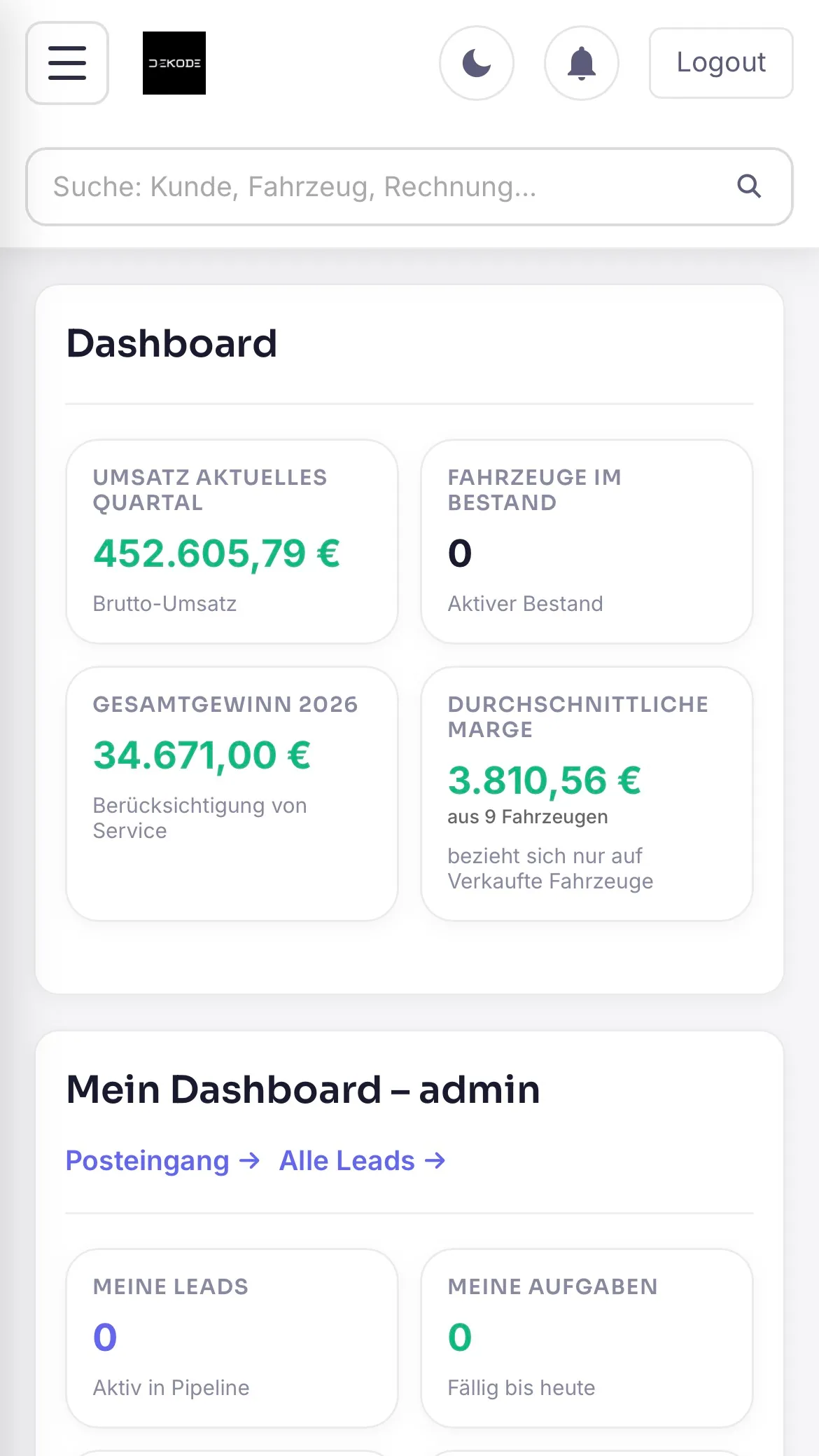 DEKODE ERP mobile Ansicht