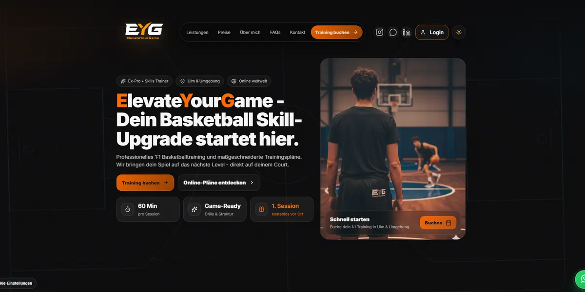 Screenshot der Website von ElevateYourGame Basketball Training