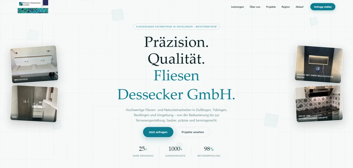 Website von Fliesen Dessecker in Dußlingen, Startseite mit Fliesenleger-Leistungen und Projektgalerie