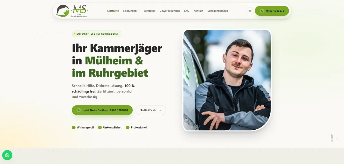 Website von MS mobile Schädlingsbekämpfung in Mülheim an der Ruhr, Startseite mit Notruf und Schädlingscheck